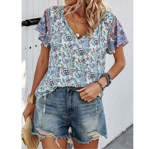 Blue Floral Printed Boho Short Sleeve Shirt V-Neck Ties - Picture 3 of 7